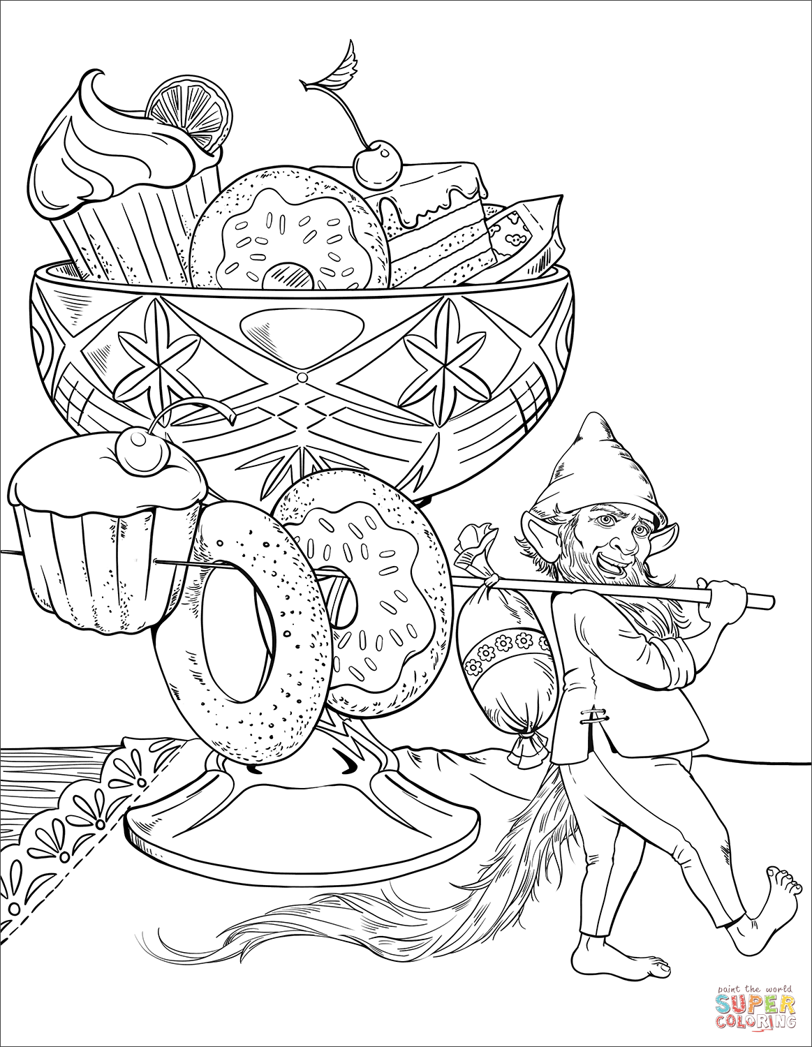 Gnome and His Dessert coloring page | Free Printable Coloring Pages