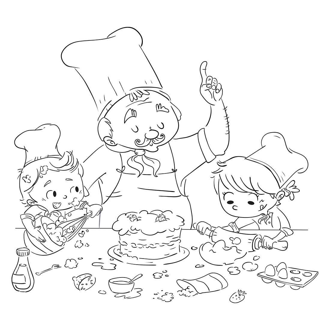 Children and a cook making a recipe in the kitchen. Coloring page -  Dibustock, Ilustraciones infantiles de Stock