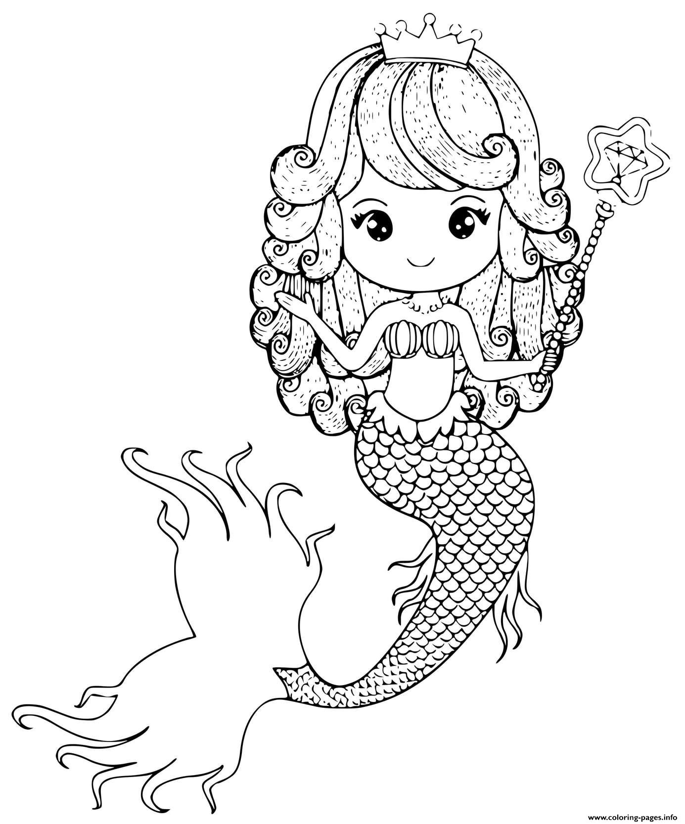 Mermaid Princess With A Wand And Crown Coloring Pages Printable