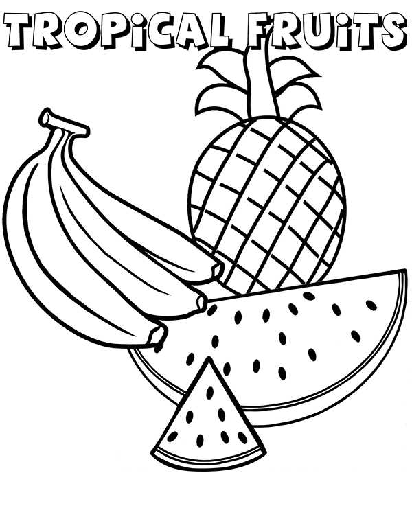 Watermelon, banana and pineapple on free coloring books, pages