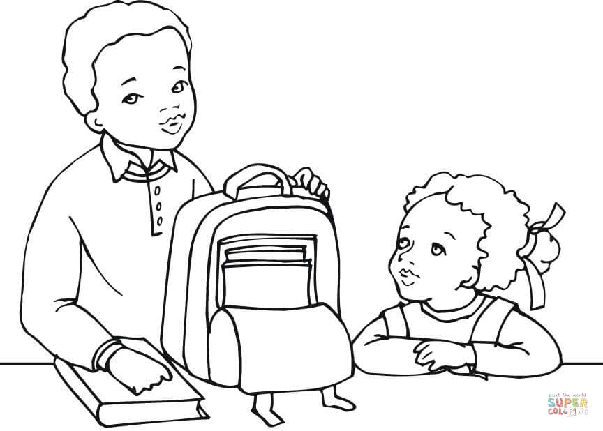 African American Boy and Girl Getting Ready for School coloring page