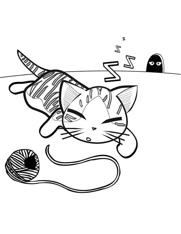 Cat Is Falling Asleep After Play With Ball Of Yarn Coloring Page : Coloring  Sun
