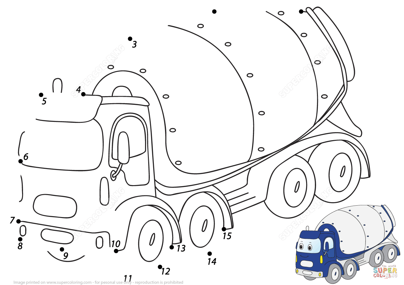 Cartoon Cement Mixer (1-15) dot to dot | Free Printable Coloring Pages