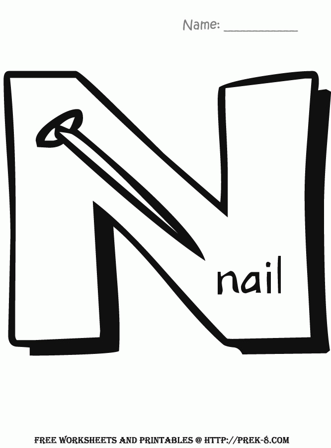 Printable alphabet letter coloring worksheets - letter N - Nail