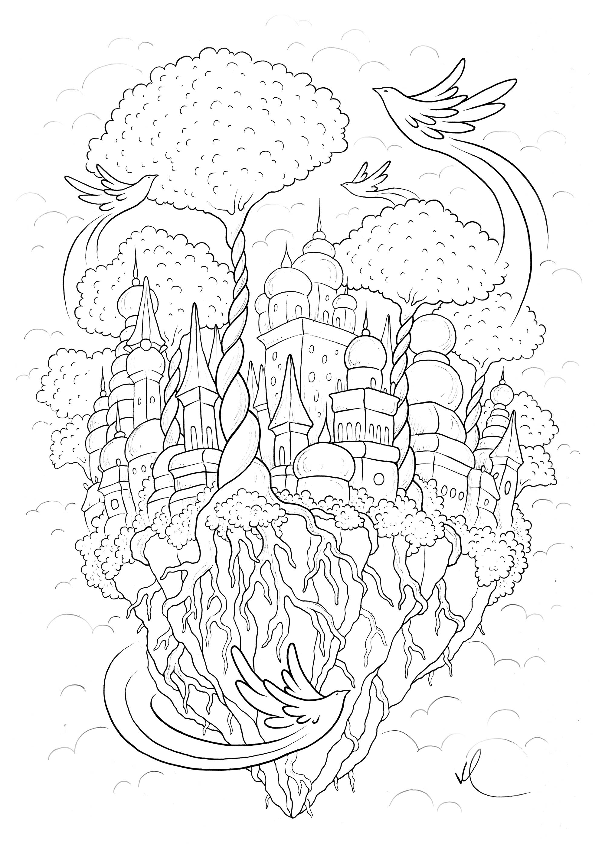 Floating city in the sky konstantinos liaramantzas - Architecture Adult Coloring  Pages
