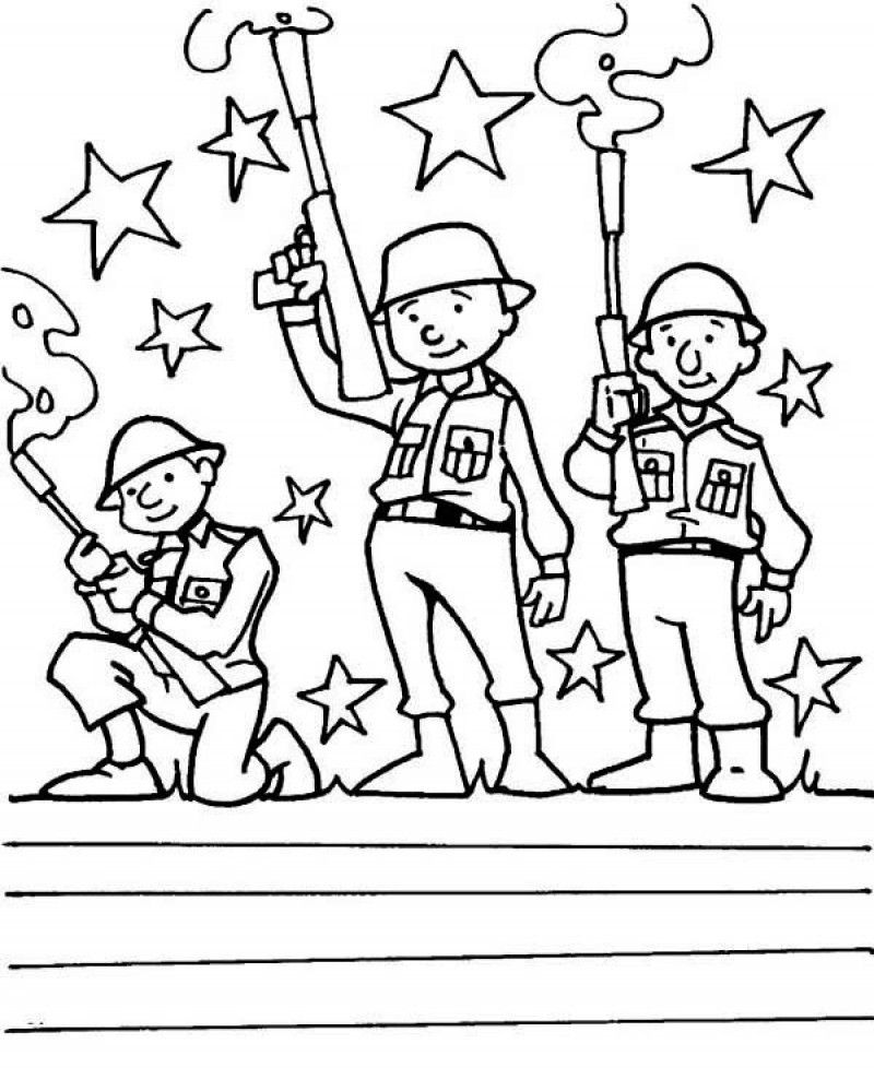 Three Soldiers With Smokey Rifles At Veterans Day Coloring Page 