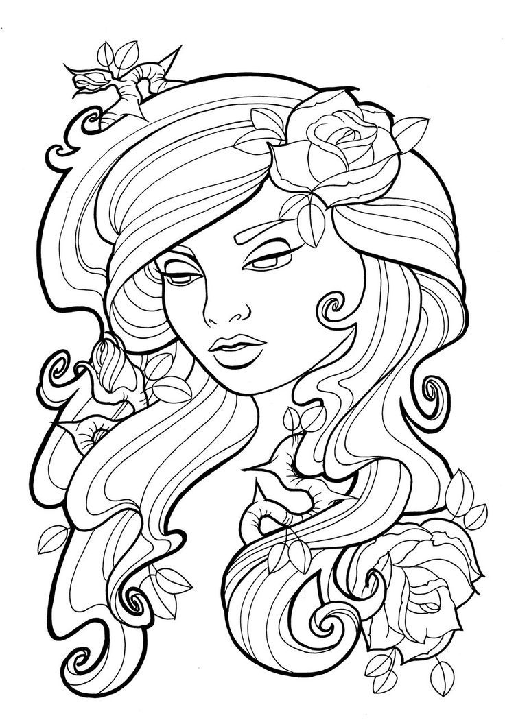 Woman's Face with big hair and roses coloring page