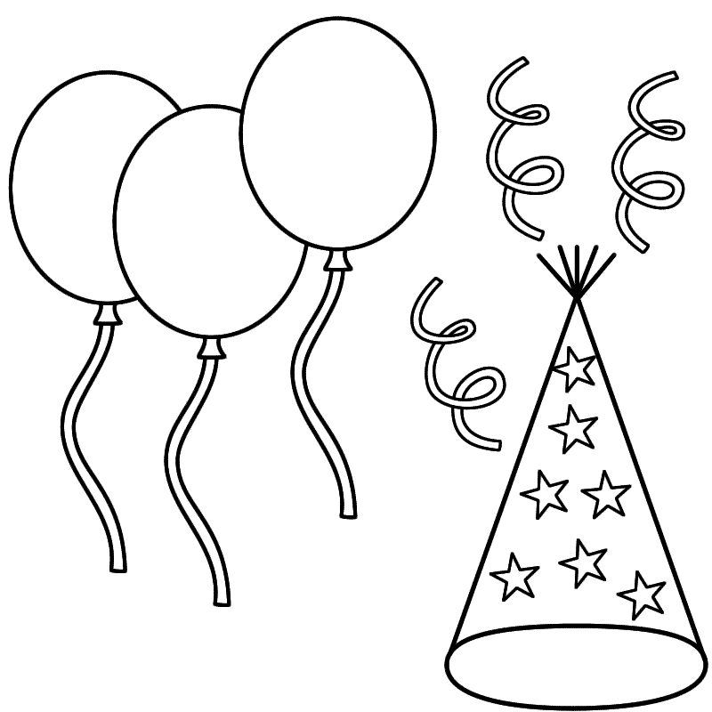 Balloons with a Party Hat and Streamers - Coloring Page (Chinese 