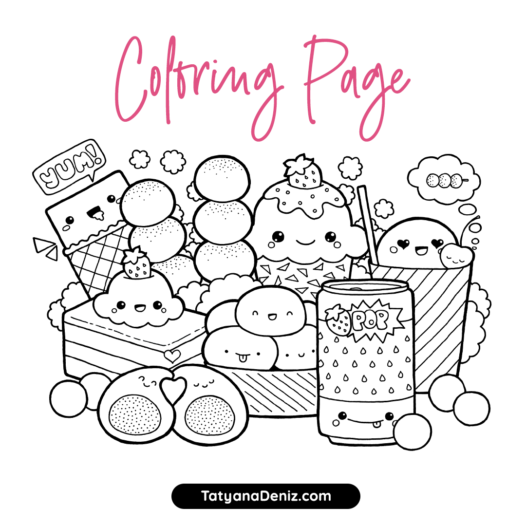 Free coloring page with kawaii food doodle (Printable PDF)
