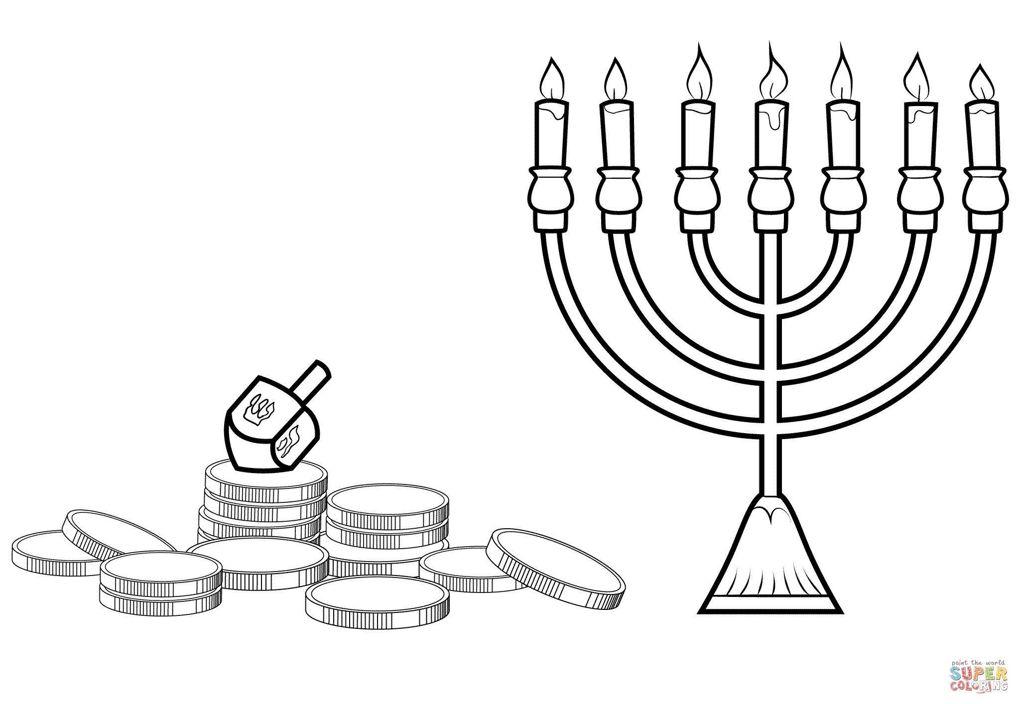 Hanukkah Menorah, Dreidel and Gelt coloring page | Free Printable ...