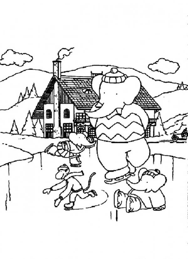 King Babar the Elephant Ice Skating Coloring Pages | Batch Coloring