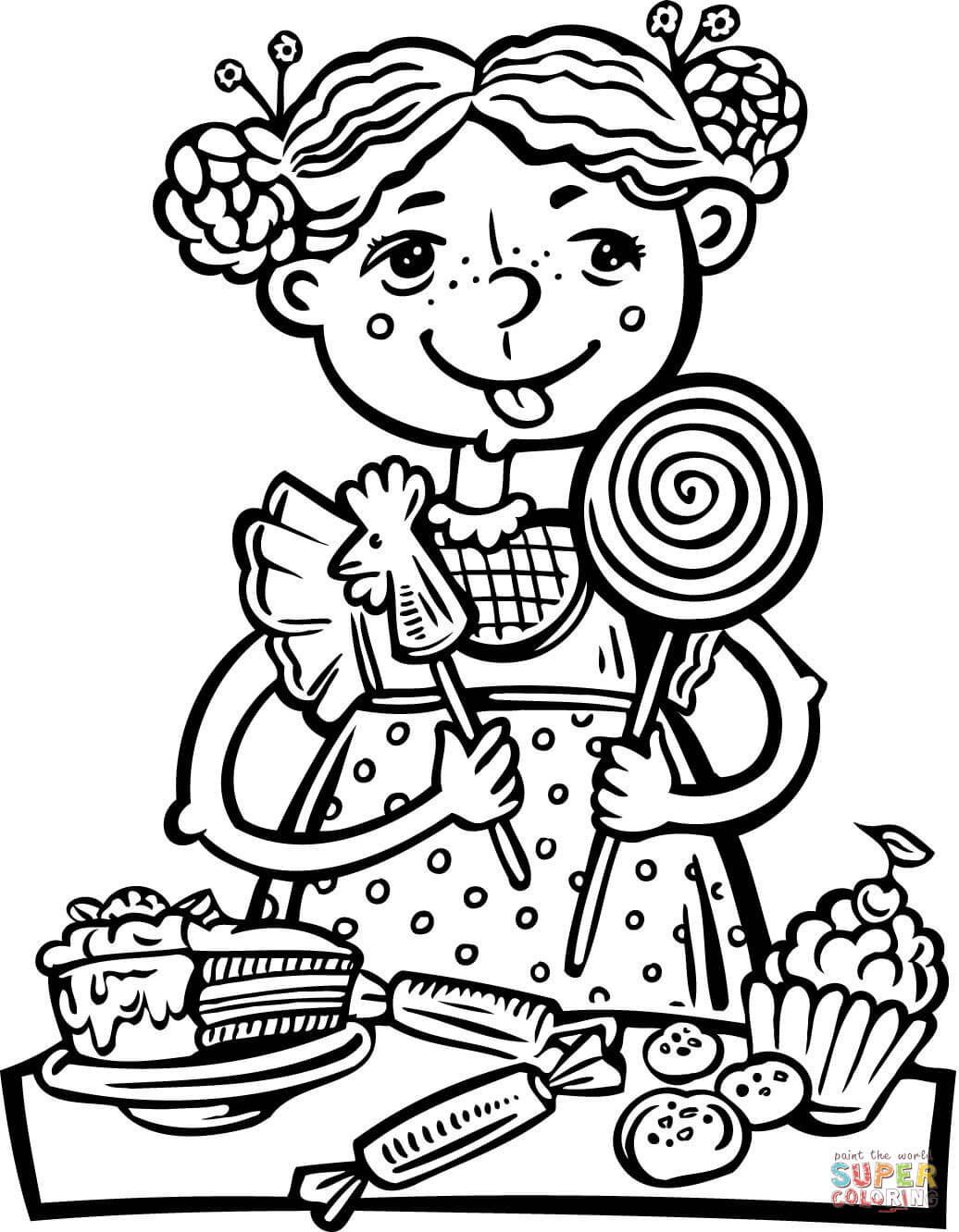 Girl Eating a Lot of Candy and Snacks coloring page | Free Printable Coloring  Pages