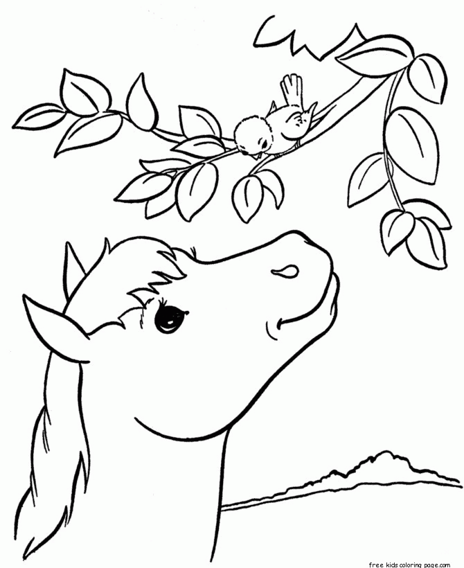 Print out coloring pages Animal Pony at tree for kids - Free 