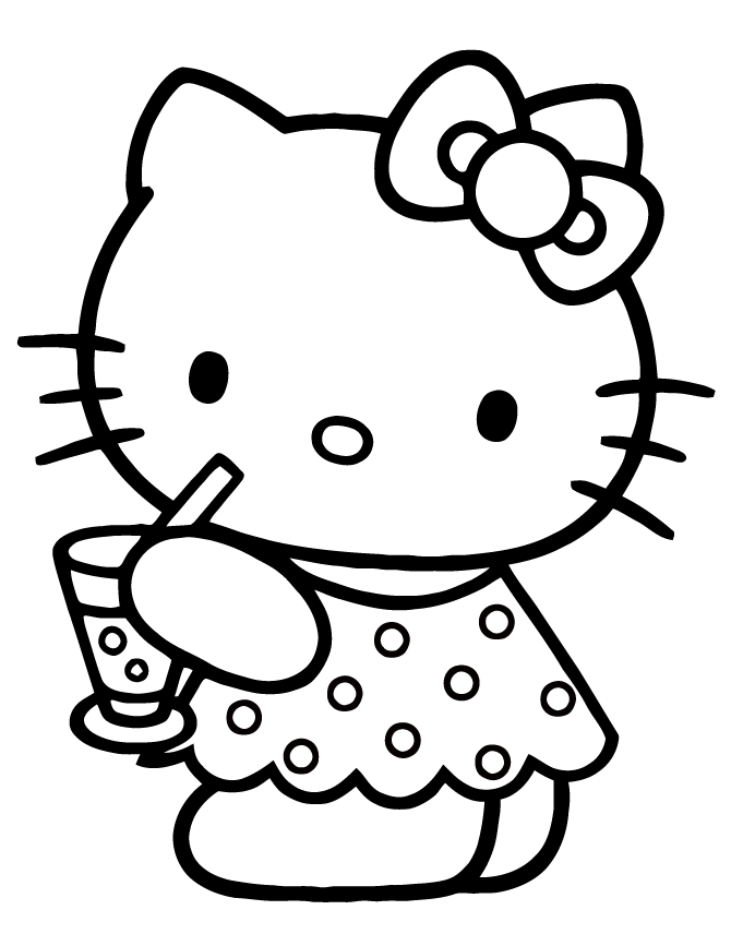 Cute Hello Kitty Drinking Water Coloring Page | HM Coloring Pages