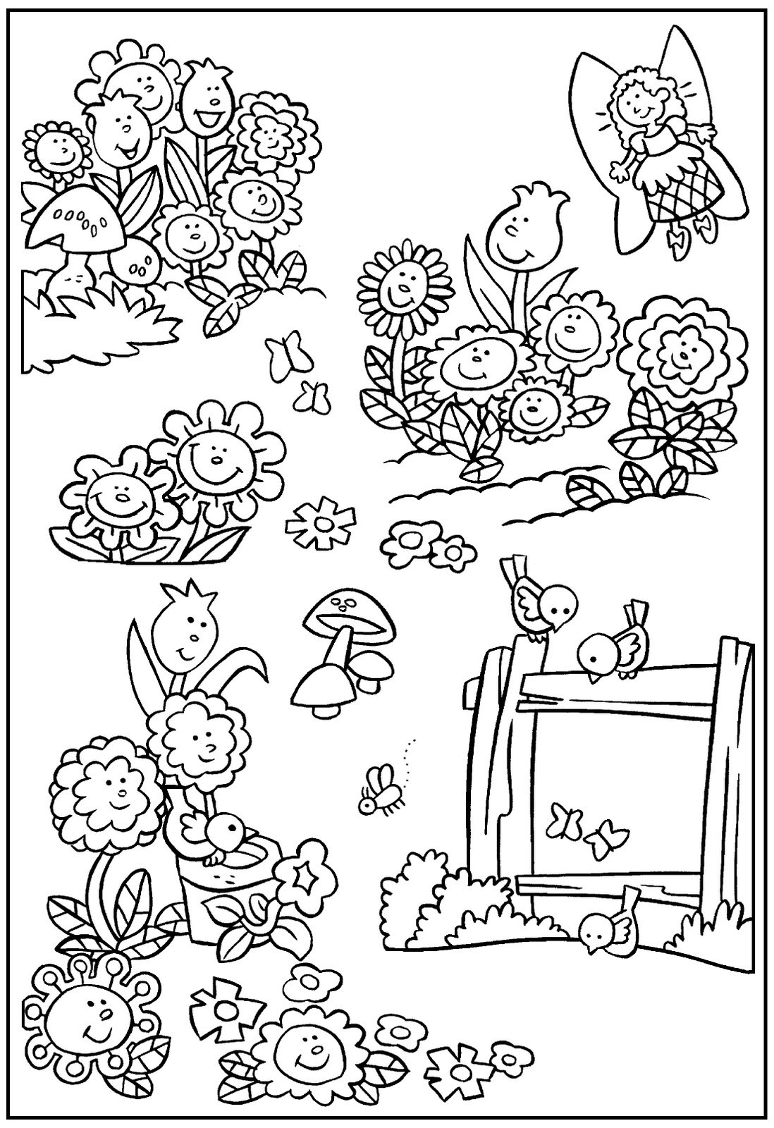 Printable Fairy With Flowers Garden coloring page for both aldults and kids.