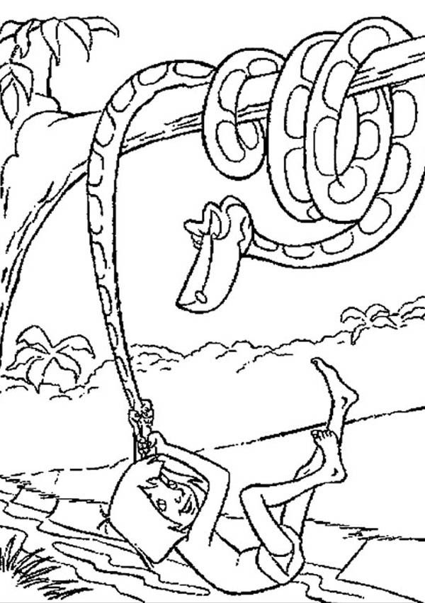 Mowgli Hanging on Kaa Tail in Jungle Book Coloring Pages | Bulk Color