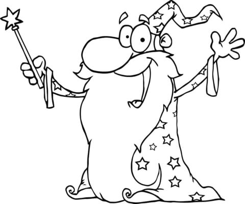 Wizard Waving Wearing a Cape and Holding a Magic Wand coloring page | Free  Printable Coloring Pages