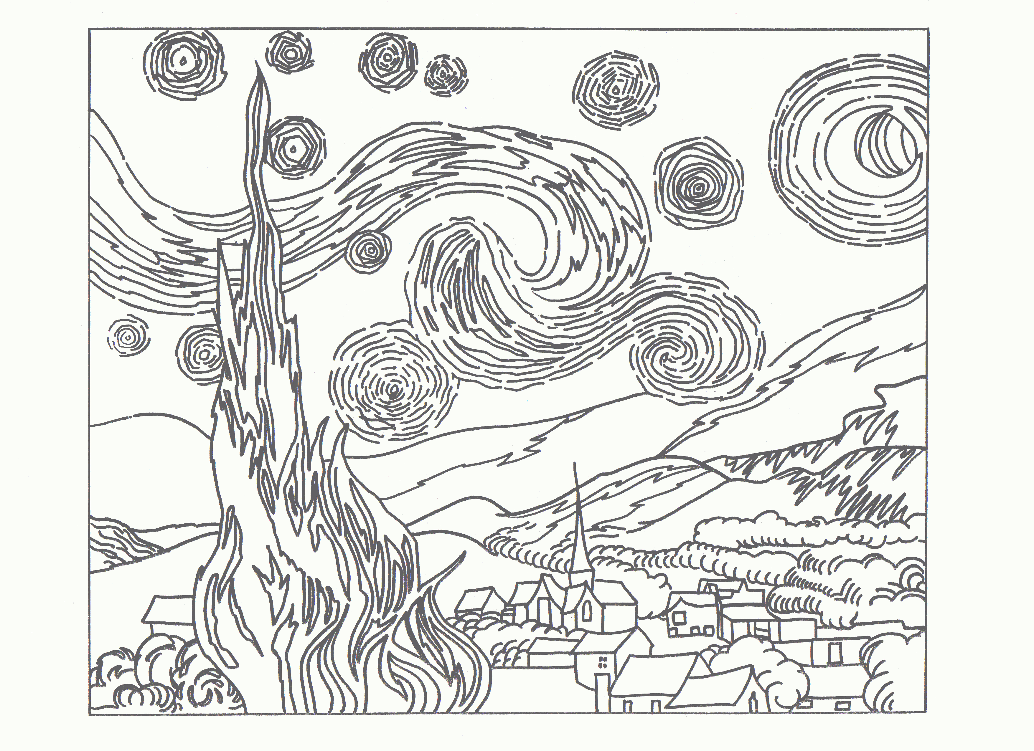 Coloring Page Starry Night Van Gogh High Quality Coloring Pages