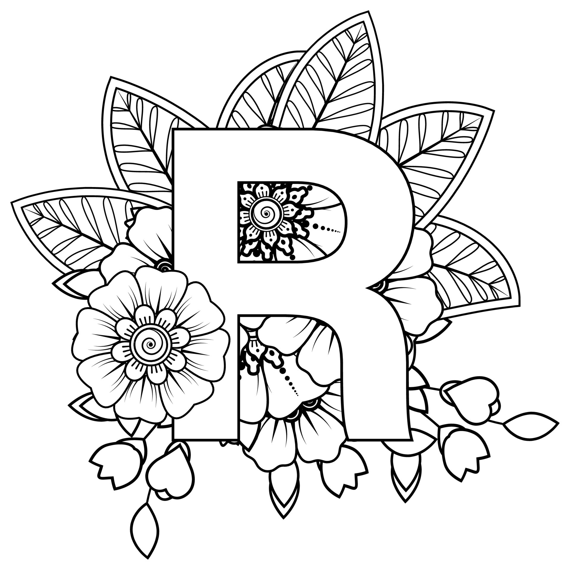 Letter R with Mehndi flower. decorative ornament in ethnic oriental style.  coloring book page. 5239505 Vector Art at Vecteezy