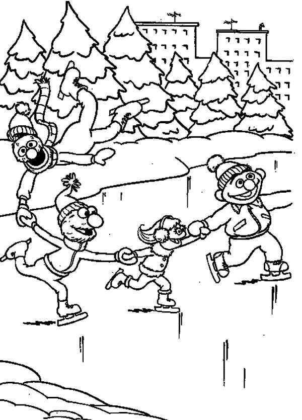 Playing Ice Skates with Sesame Streets on Winter Coloring Page ...