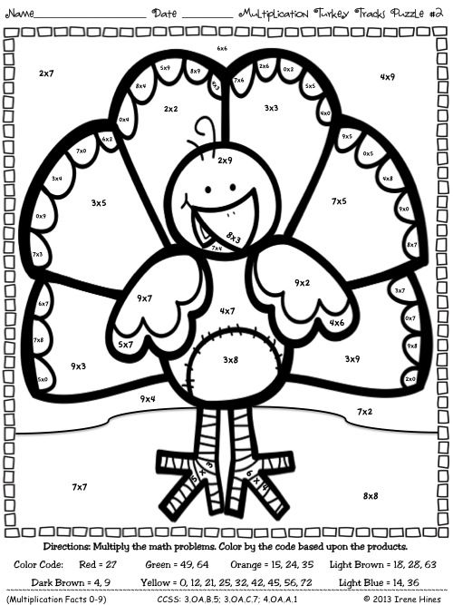 Thanksgiving Multiplication Color By Number Worksheets