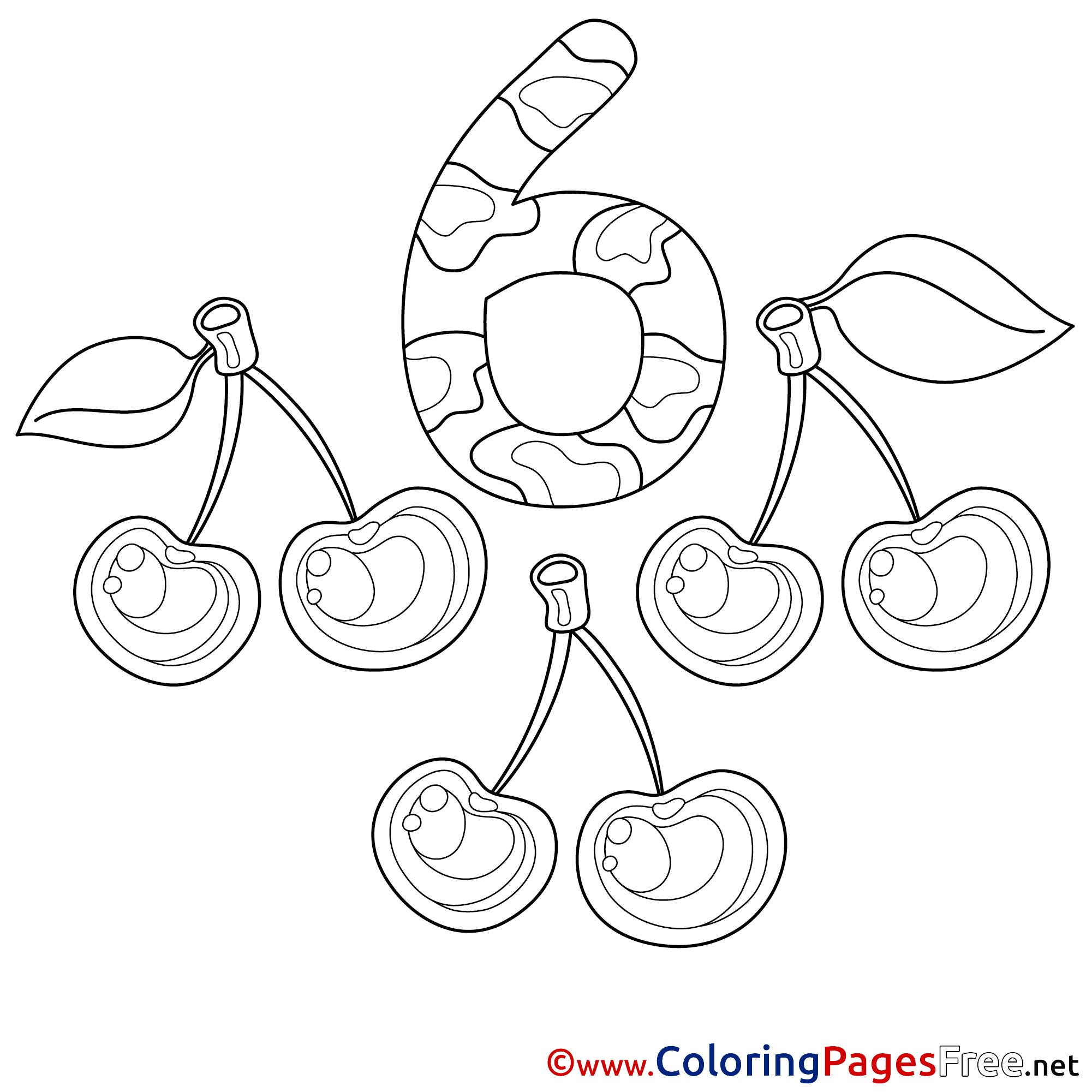 6 Cherries Coloring Sheets Numbers free