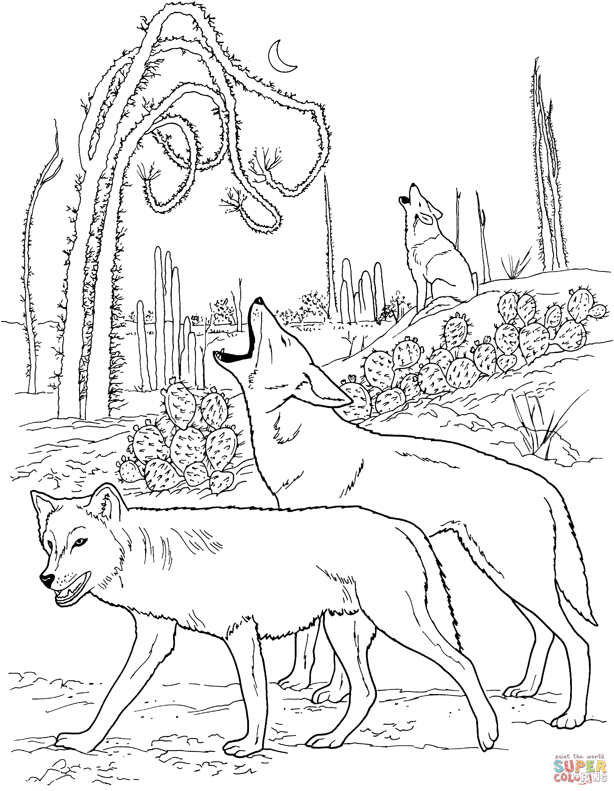click the coyotes howling in desert coloring pages. peter wolf ...