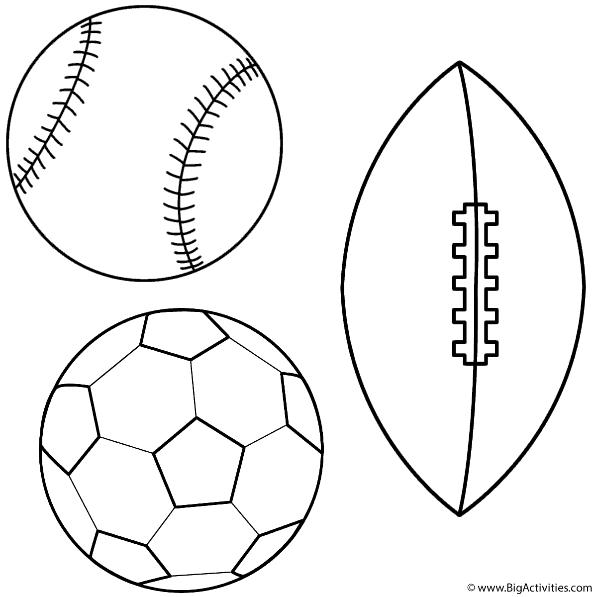 Baseball, Soccer Ball and Football - Coloring Page (Sports)