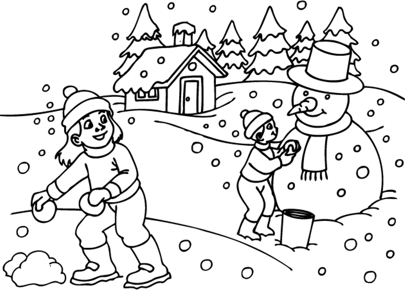 Playing Snow In The Winter Coloring Pages Printable