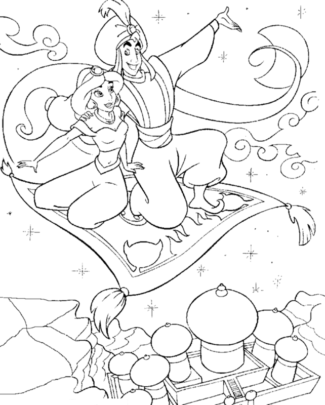Aladdin and Jasmine Flying With Birds Coloring Page | Kids 