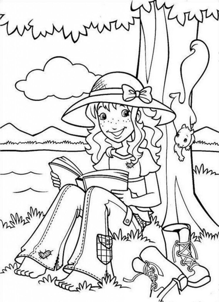Cartoon: Easy Holly Hobbie Reading Under Tree Coloring Page 