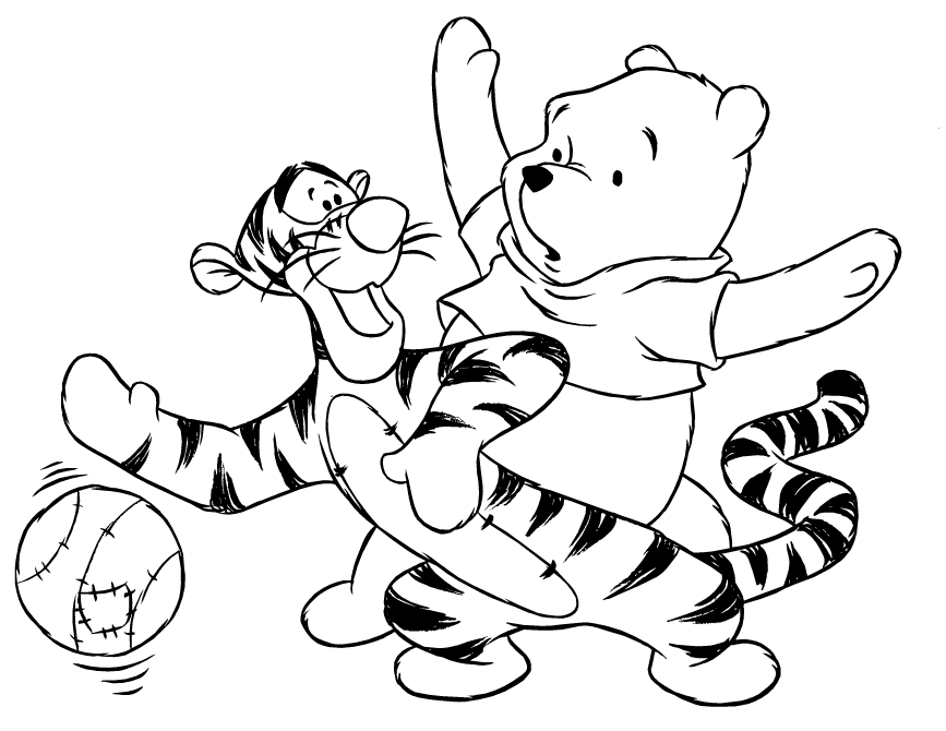 Tigger Playing Basketball With Pooh Bear Coloring Page | HM 