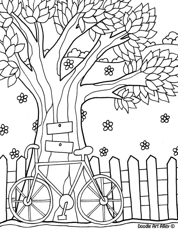 Tree, cycle n fence..... looks good for the wallhanging | Coloring pages,  Tree coloring page, Coloring books