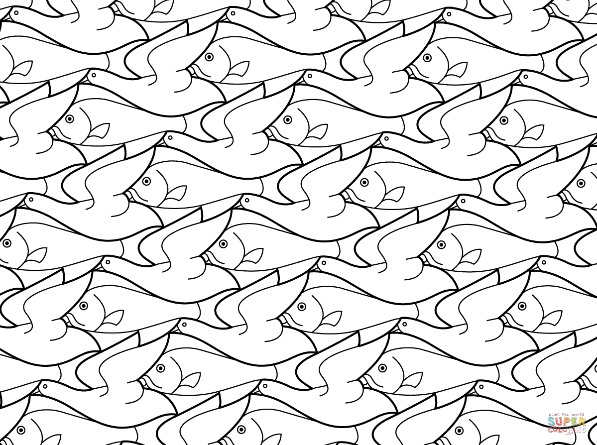 Bird Fish Tessellation Escher Coloring - Colorine.net | #8138