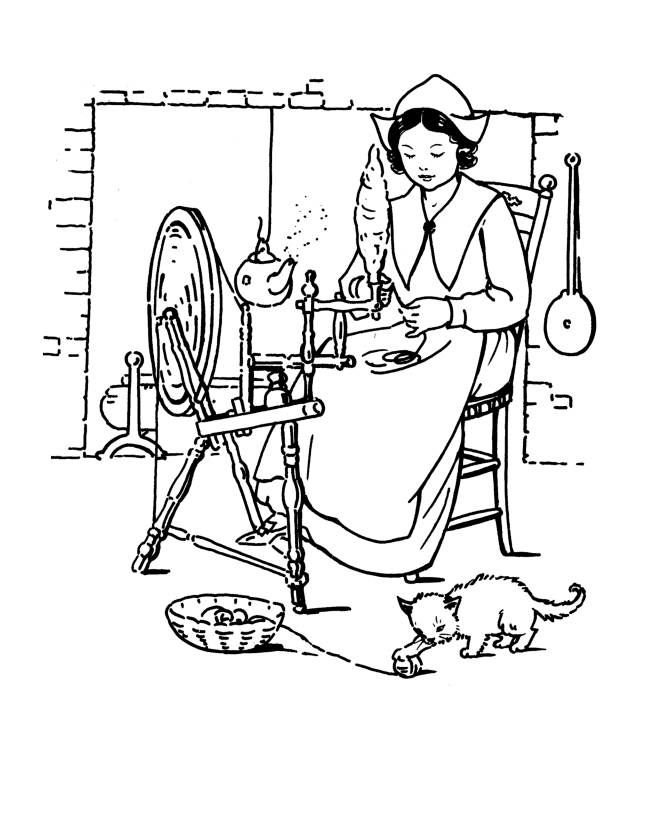 Pilgrim Thanksgiving Coloring Page Sheets - Pilgrim girl spinning 