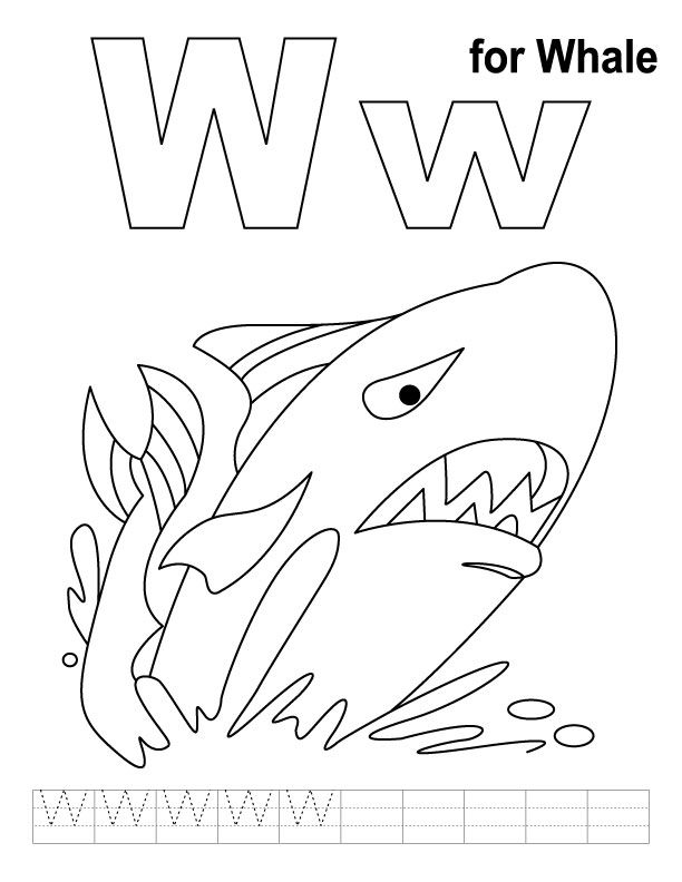 W for whale coloring page with handwriting practice | Download 