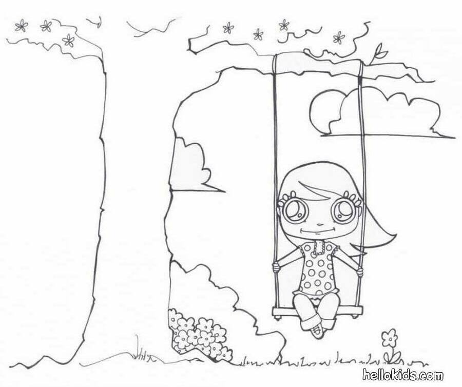 SPRING coloring pages - Girl on the swing