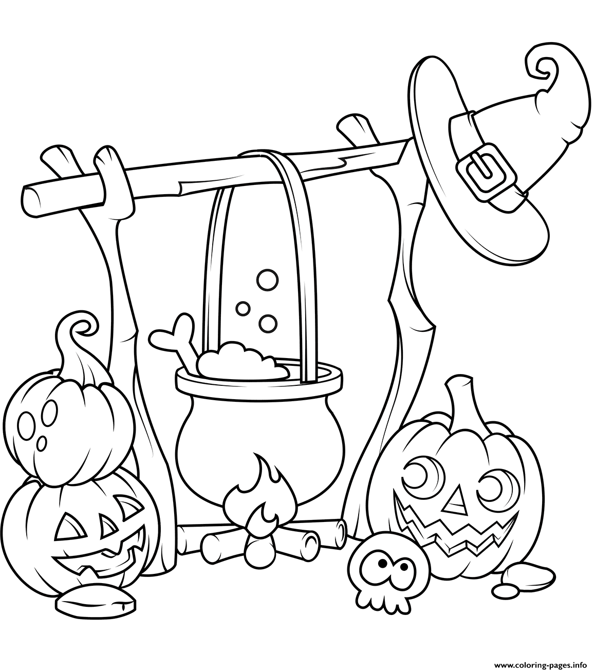 Jack O Lanterns And A Boiling Cauldron Halloween Coloring Pages Printable