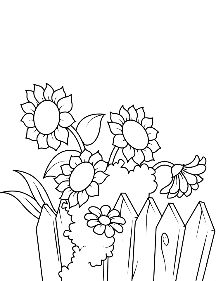 Printable Sunflowers near the Fence coloring page for both aldults and kids.