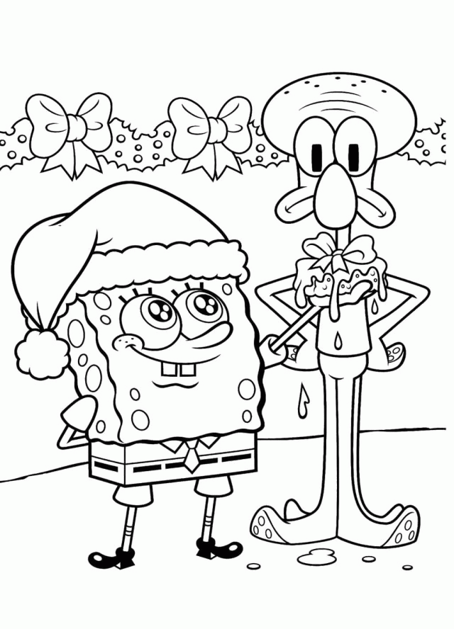 Top Spongebob And Squidward Happy Christmas Coloring Page 