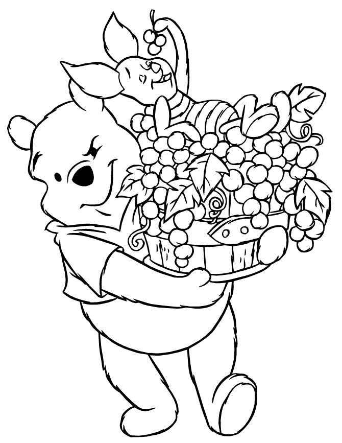 Winnie The Pooh Carrying Grapes And Piglet Coloring Page | HM 