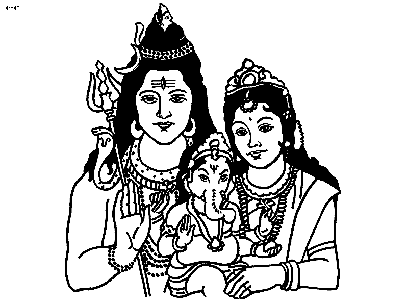 Shiva, Parvati and Ganesha Coloring Page, Printable Shiva, Parvati 