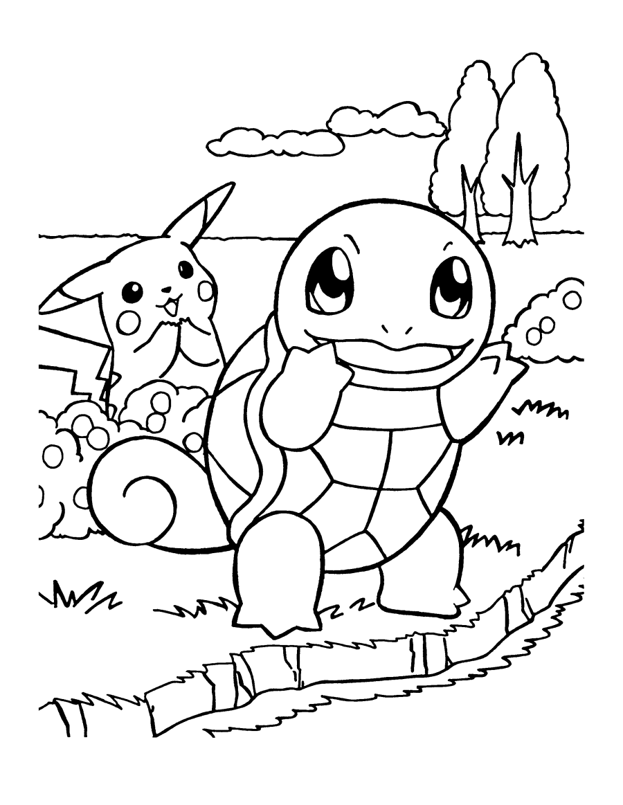 Pikachu and Squirtle Coloring Page