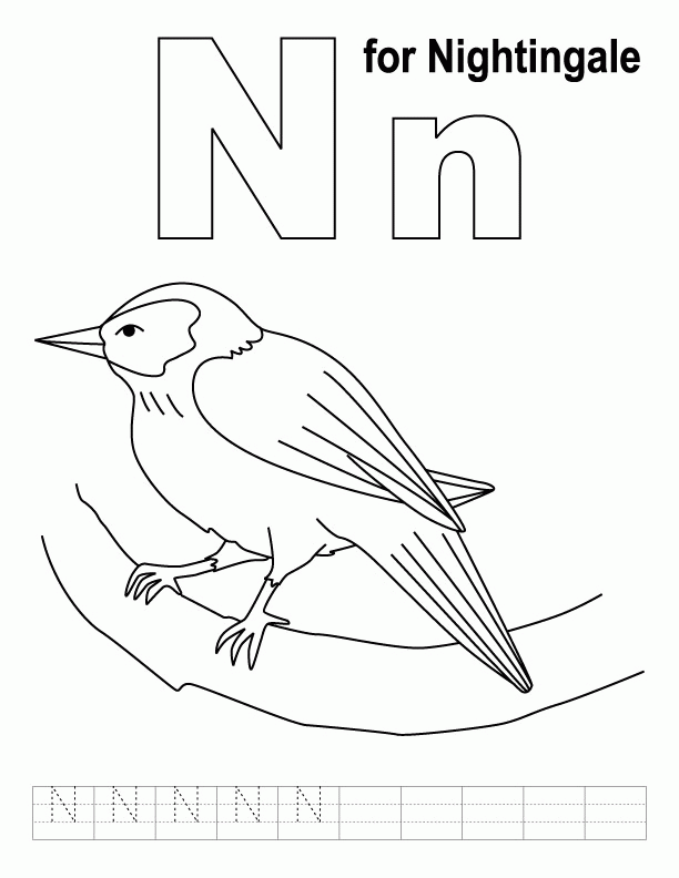 N for nightingale coloring page with handwriting practice 