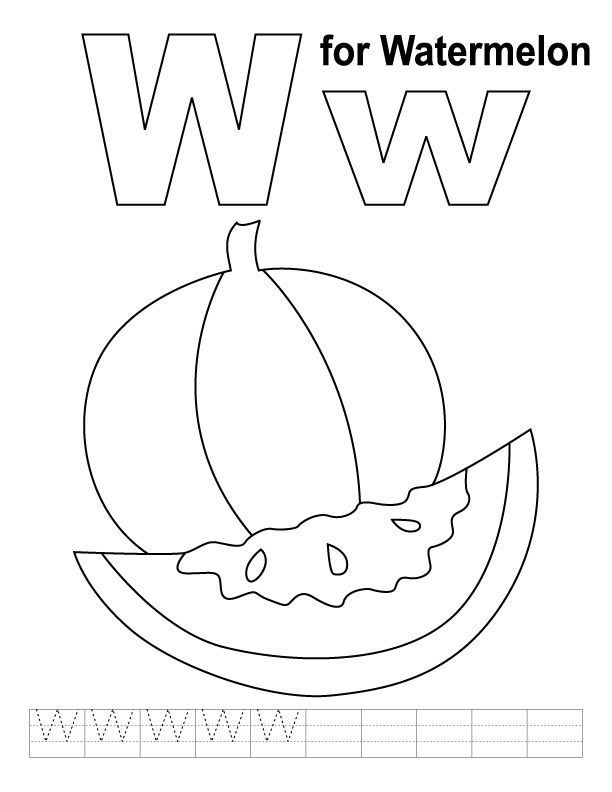 W for watermelon coloring page with handwriting practice 