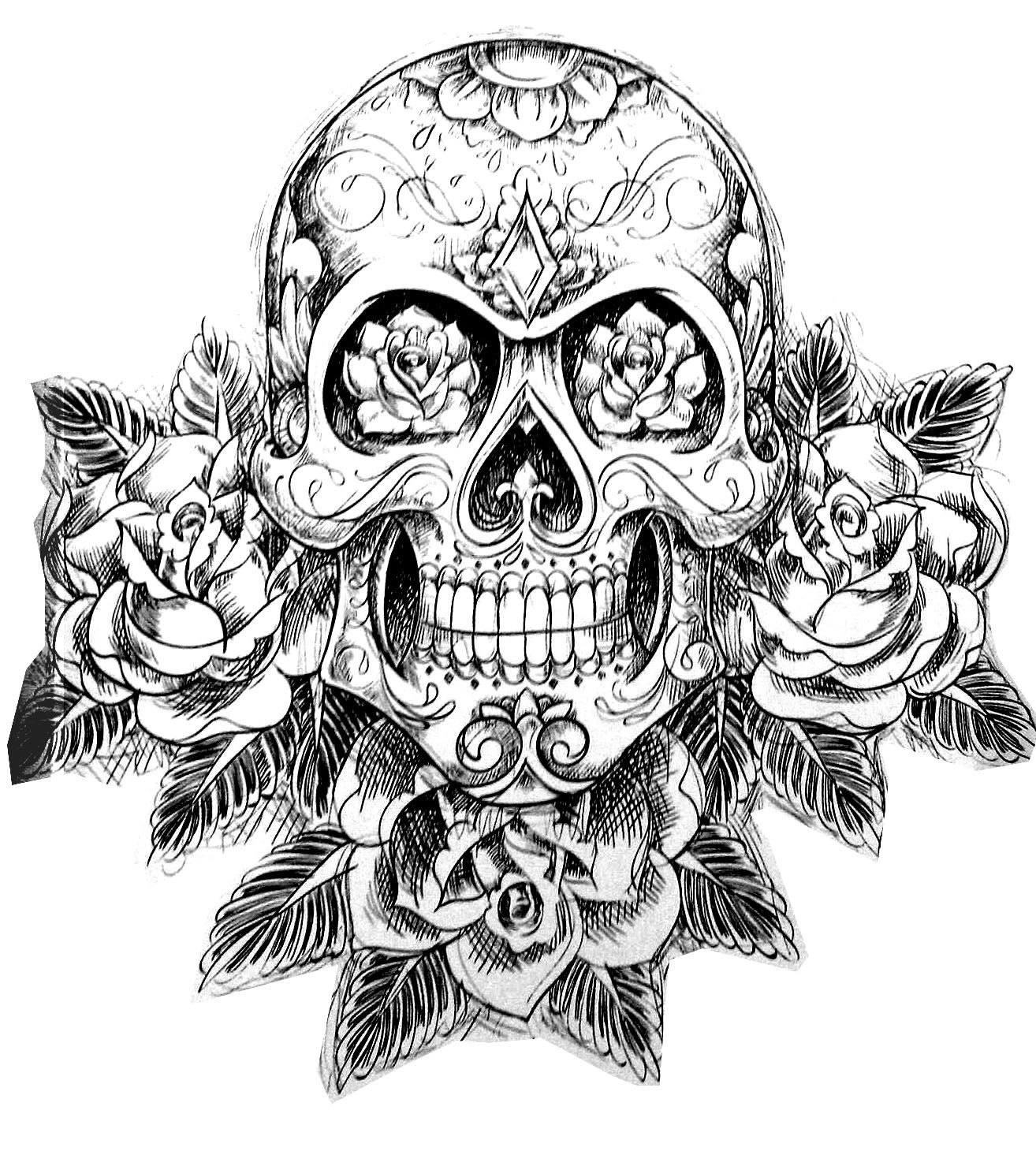 Tattoo - Coloring Pages for adults : coloring-tatouage-skull-skeleton