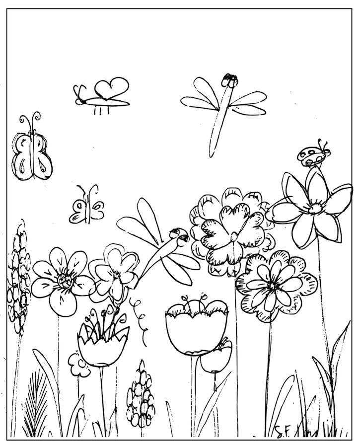 free printable coloring page: flowery meadow and dragonfly 