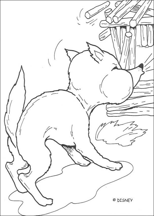 Three little Pigs coloring pages - Big bad wolf is blowing