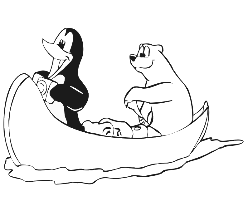 Penguin and Polar Bear Coloring Page: rowing a canoe