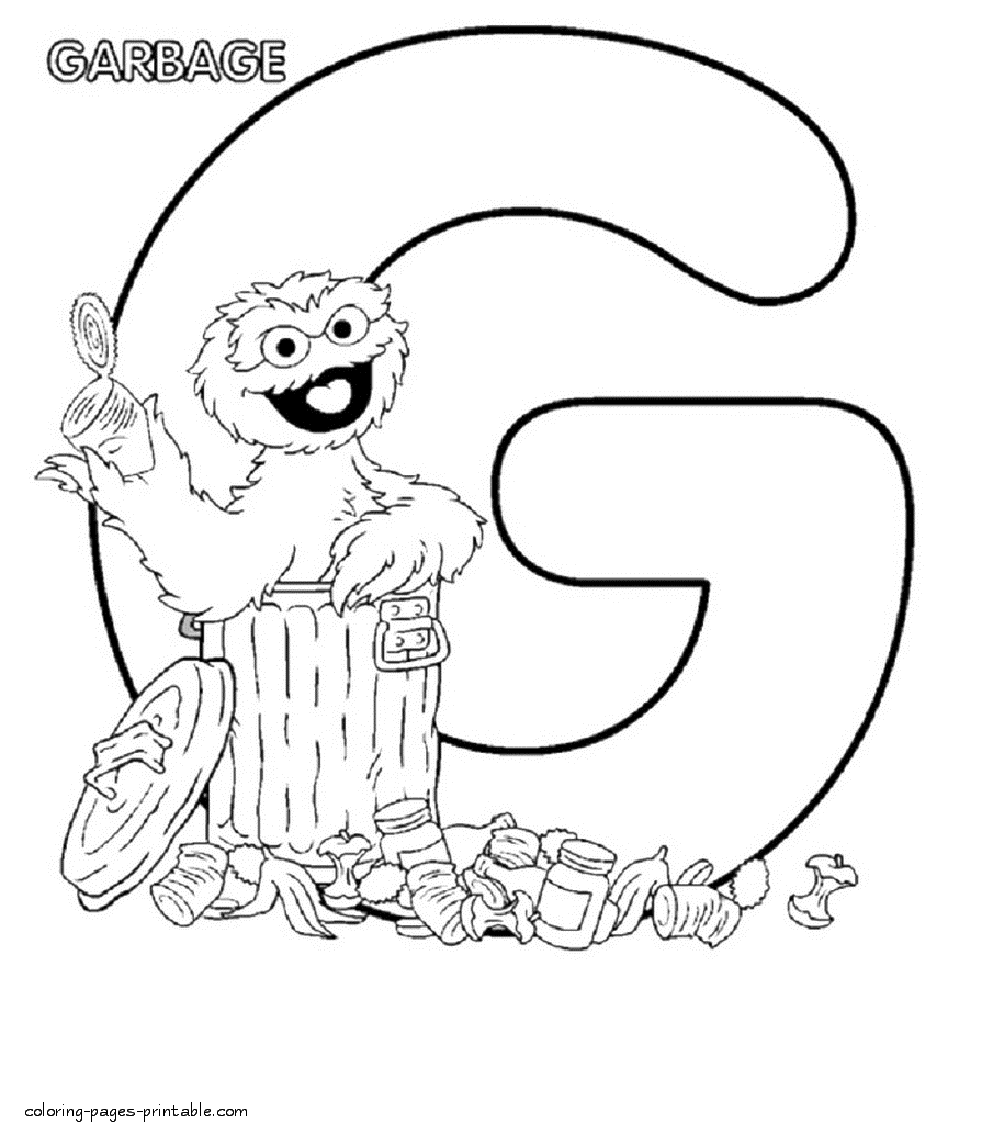 Oscar the Grouch and the letter G coloring page || COLORING-PAGES -PRINTABLE.COM